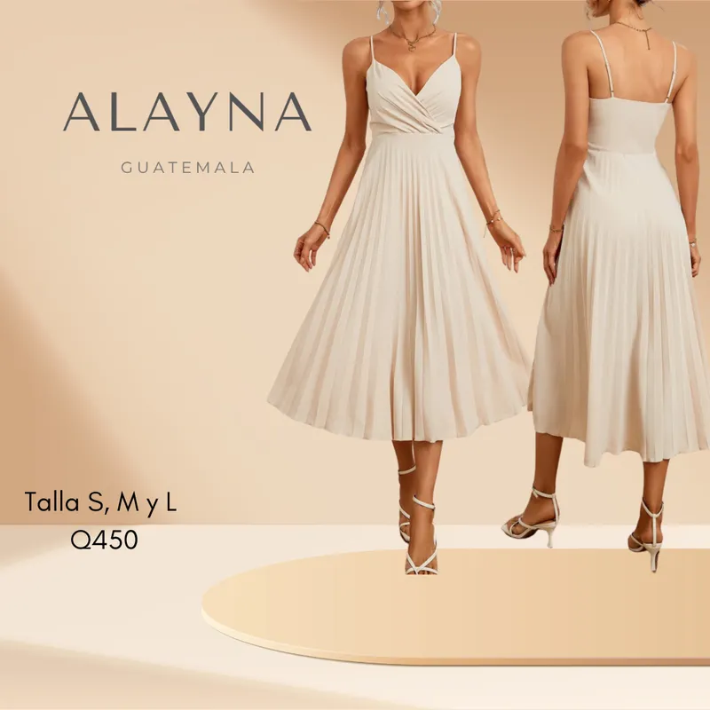 Vestido midi beige tirantes falda plisada