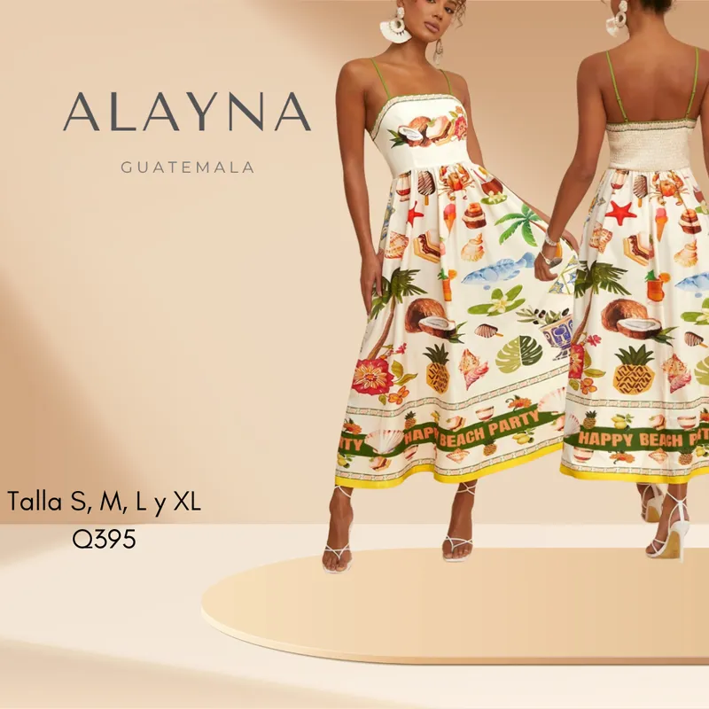 Vestido blanco midi de tirantes con estampado de frutas