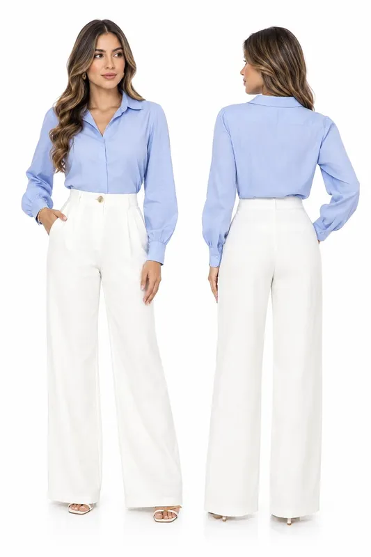 Pantalon blanco con boton cafe